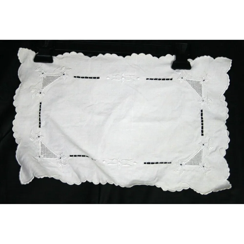 Vintage White Linen Embroidered Placemats Scalloped Edge Cutwork Set of 2